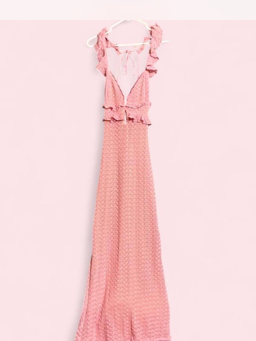 Pink Crochet Maxi Dress with Ruffled Straps, Size Large